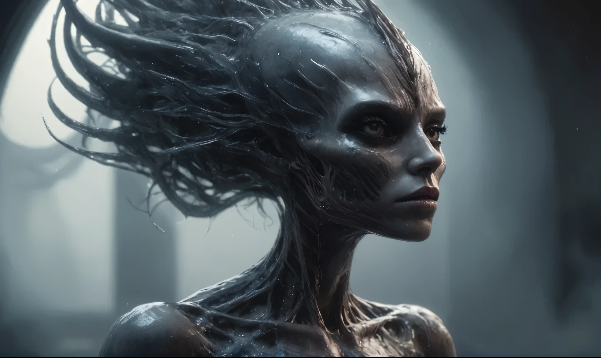 Scene of an alien encountering a human, realistic, the alien stands towering twice the height of the human figure, with a dark and enigmatic background, illuminated by the soft glow of 4k Photoreality, revealing intricate textures on the human's features and the alien's otherworldly form. The human, dressed in tattered clothes, stands frozen in fear, looking up at the alien's oversized, expressive eyes, their irises glowing in the dim light. The scene is full of tension and intrigue, captured in a cinematic shot that brings out the hyper-detailed textures and colors. The contrast between the warm skin tone of the human and the