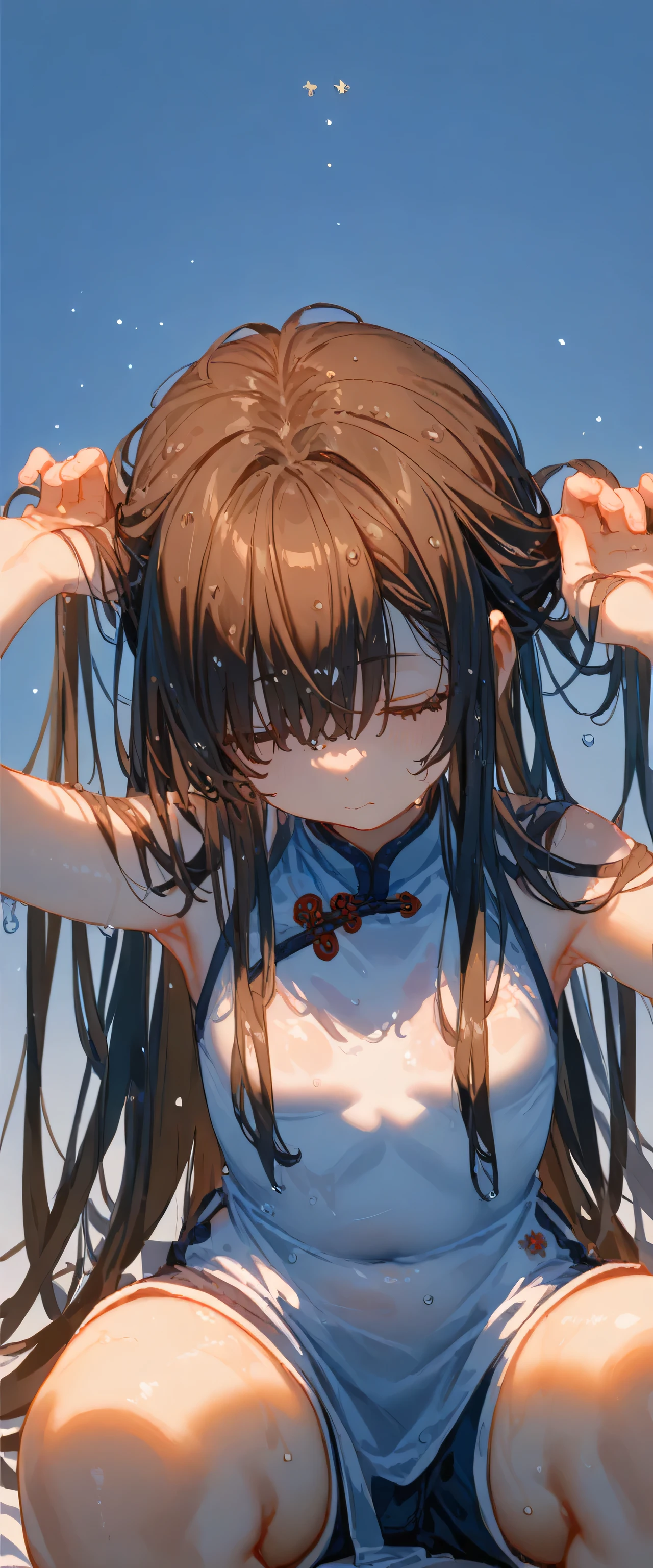 ((White background))( High Resolution の傑作, 超 High Resolution , high  Details,  High Resolution モデル,  best quality:1.2) adult woman,Brown skin,Oily, Sweaty skin,  highlight color hairstyle ,Inner Color, Bobbed bangs, wet hair, Diagonal bangs,  Cookhold Subjective (masterpiece:1.5), Super  Detailsed,  High Resolution , 8k, Beautiful Shining, Details, 1 cute girl,  very long hair, adult woman with long straight hair and dark red shiny hair,  shorts, Shining, firm thighs　Thigh Coordination 
