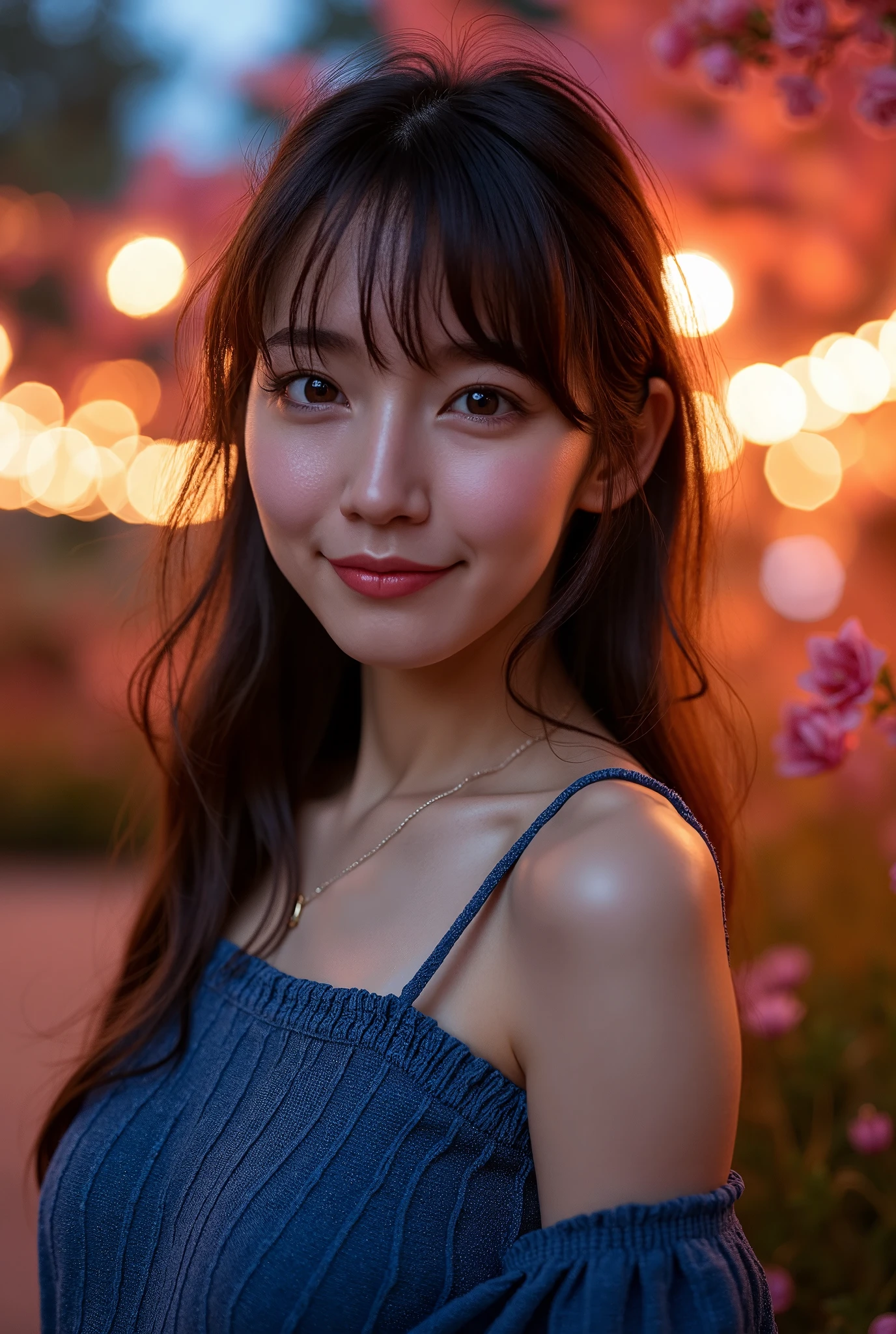 ​masterpiece, 1 beautiful girl, A detailed eye, Puffy eyes, top-quality, A high resolution, (Realistic : 1.4), cinematic lighting, Japanese, Asian Beauty, Super beauty, Beautiful skin, A slender, The body facing forward, (A hyper-realistic), (high resolution), (8K), (high detailed), (beautifully detailed eyes), (ultra-detail), (wall-paper)、A detailed face, Bright lighting, professional lighting, at view-art, Facing straight ahead, (The costume a blue knitted dress), Long hair, hair messy, asymmetrical bangs, nighttime scene, Brown hair, Japan idle, Korean Idol, posing Gravure Idol, age23, tall, smile, sunset flower park scene, (Body posture facing the camera),
