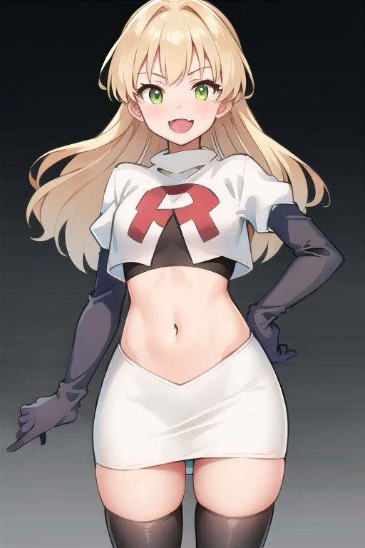 mythra \(xenoblade\), blond hair, yellow eyes, team rocket uniform, red letter R, white skirt,white crop top,black thigh-high boots, black elbow gloves, evil laugh,