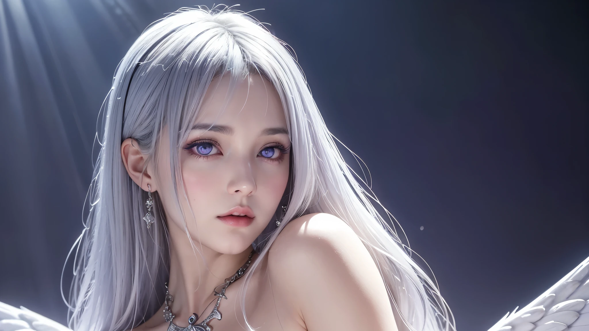 top-quality、8K Masterpiece、超A high resolution、(Photorealsitic:1.3)、Raw photo、1人、silver white hair、glowy skin、1 Cyberpunk Super Beautiful Soldier、((super realistic details))、portlate、globalillumination、Shadow、octan render、8K、ultrasharp、beauty breast、Raw skin is exposed in cleavage、metals、cold color、、highly intricate detail、Realistic light、CGSoation Trends、Beautiful eyes、radiant eyes、Facing the camera、neon details、