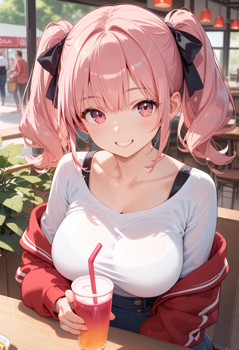 (Best Quality),  Female Adult, Large Breasts,  pink hair,  twin tails, Pink Eyes, smile, If you look at this,  High Resolution , Cafe, The interior has the warmth of wood, Houseplants, Have a drink, Day off ,  casual clothes , Wearing knitwear, Long sleeve clothes,  upper body,  there is little exposure