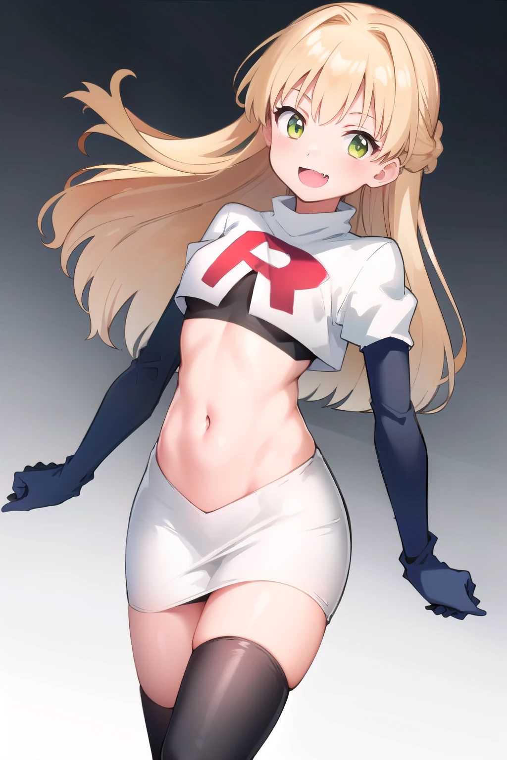 RikaJou, 1girl, solo, long hair, blonde hair, green eyes, small breasts, fang, smile, 8k, masterpiece, best quality, absurdres, perfect anatomy, cinematic lighting, cowboy shot,team rocket,team rocket uniform,white skirt,red letter R,crop top,black thigh-highs,black elbow gloves