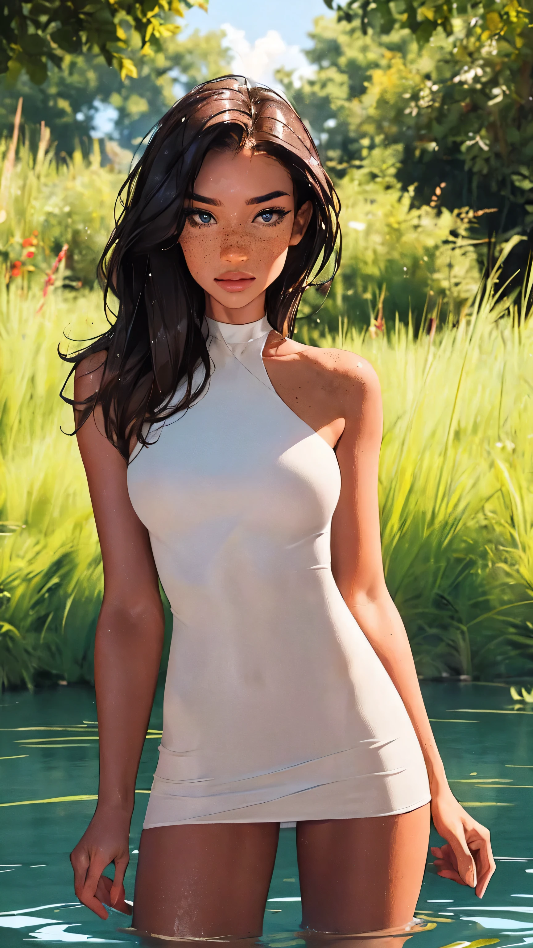 （lifelike， high - resolution：1.3）， 1 girl with a perfect body，slender body, Suprenme face and eyes， blaire ivory, lena anderson, dark eyelashes, shoulder length  hair, freckles, golden brown with dark roots, revealing white dress, underwear visible through dress, wet skin, wet clothes