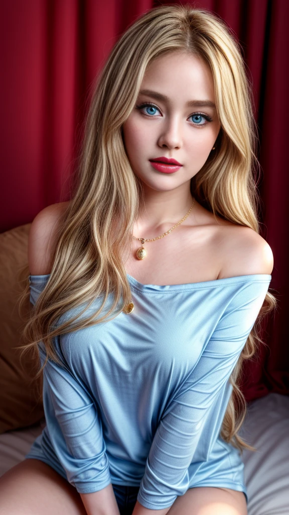 1 girl,solo,necklace,jewelry,long blonde hair,blue eyes,plump:1.4,((thick arms)), t shirt,looking at viewer,realistic,upper body,off shoulder,bare shoulders,pink lipstick:1.12,(Oval face:1.22),sitting,sexy pose,full body,Detailed face,detailed eyes,detailed nose,detailed mouth,((UHD,masterpiece,super detail,award winning:1.4,best quality:1.2,highres,high quality))