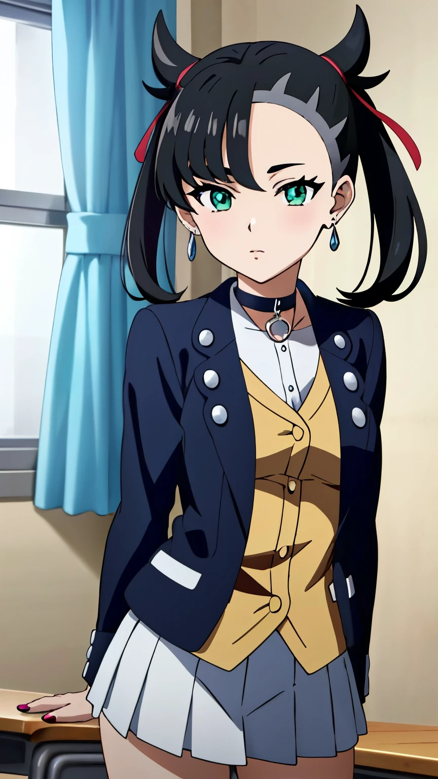 Marnie Pokemon, Marnie \(Pokemon\), blue-green eyes, green eyes, black hair, medium hair, asymmetrical bangs, black choker, red hair ribbon, earrings, black nail polish, medium breasted, (masterpiece, highest quality, highly detailed, 8k:1.2), Perfect eyes, detailed eyes, anime style, anime girl, digital anime art, anime style, official artwork, visual novel CG, beautiful anime girl, anime style 4K, (school uniform, blazer, white Y-shirt, ribbon, miniskirt, class room), (cowboy shot:1.2),