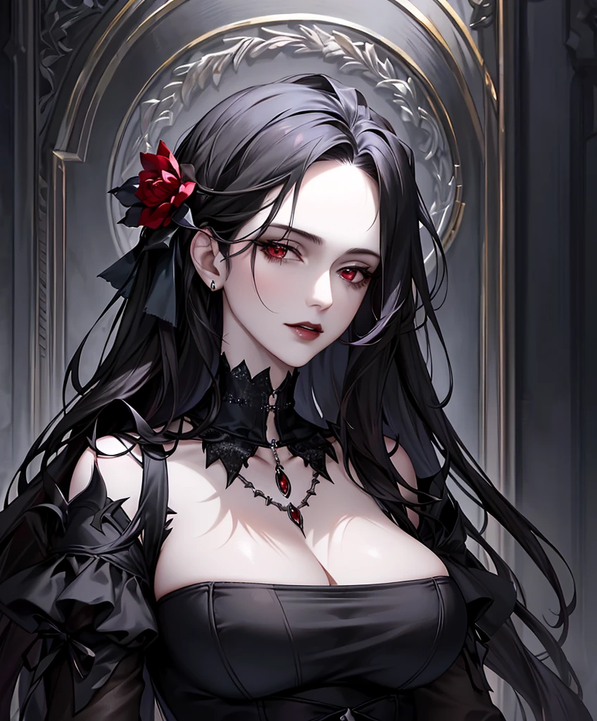 Realistic Portrait, Elegant mature woman (1 female), with red eyes, black hair, long hair, focus on face, close up shot, cleavage, gothic black dress, only upper body, up to waist, soft light, high detail, 4k resolution, high quality, beautiful CG
