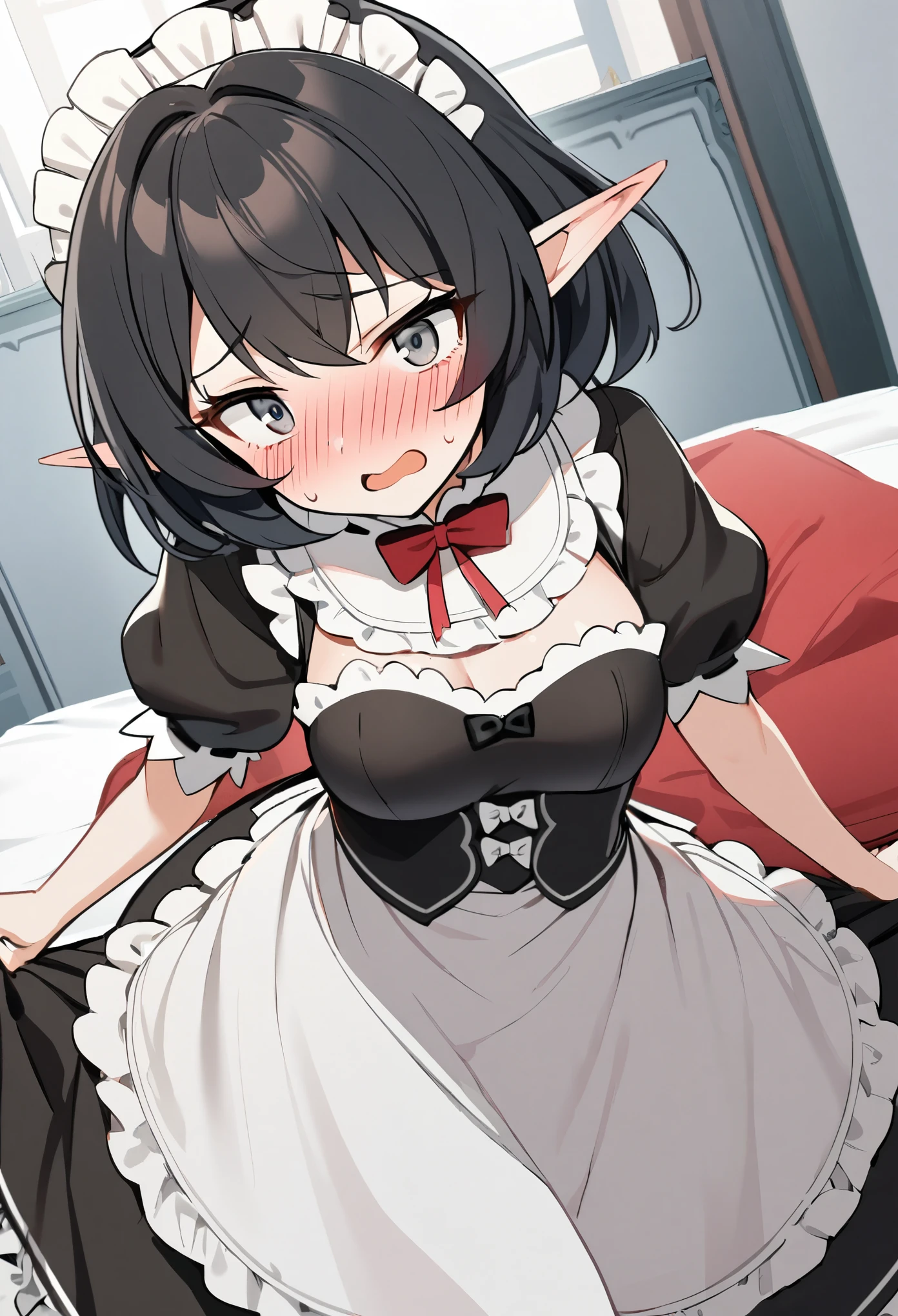 1girl, elf, maid. maid uniform, bashful expression, blushing red, short hair, gray eye color, (Black hair color)