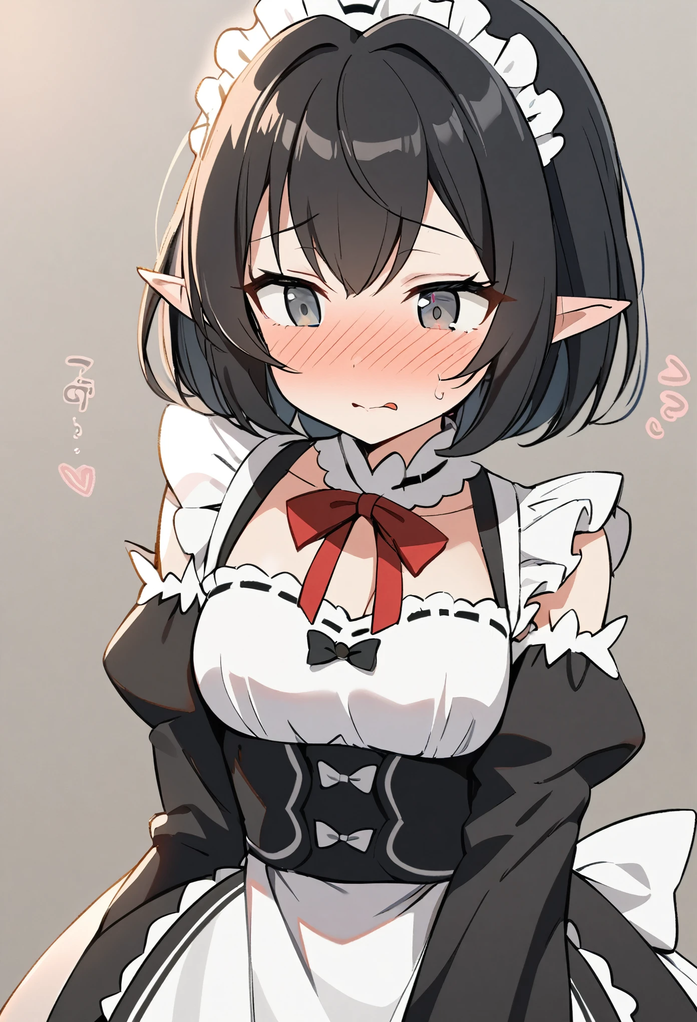 1girl, elf, maid. maid uniform, bashful expression, blushing red, short hair, gray eye color, (Black hair color)