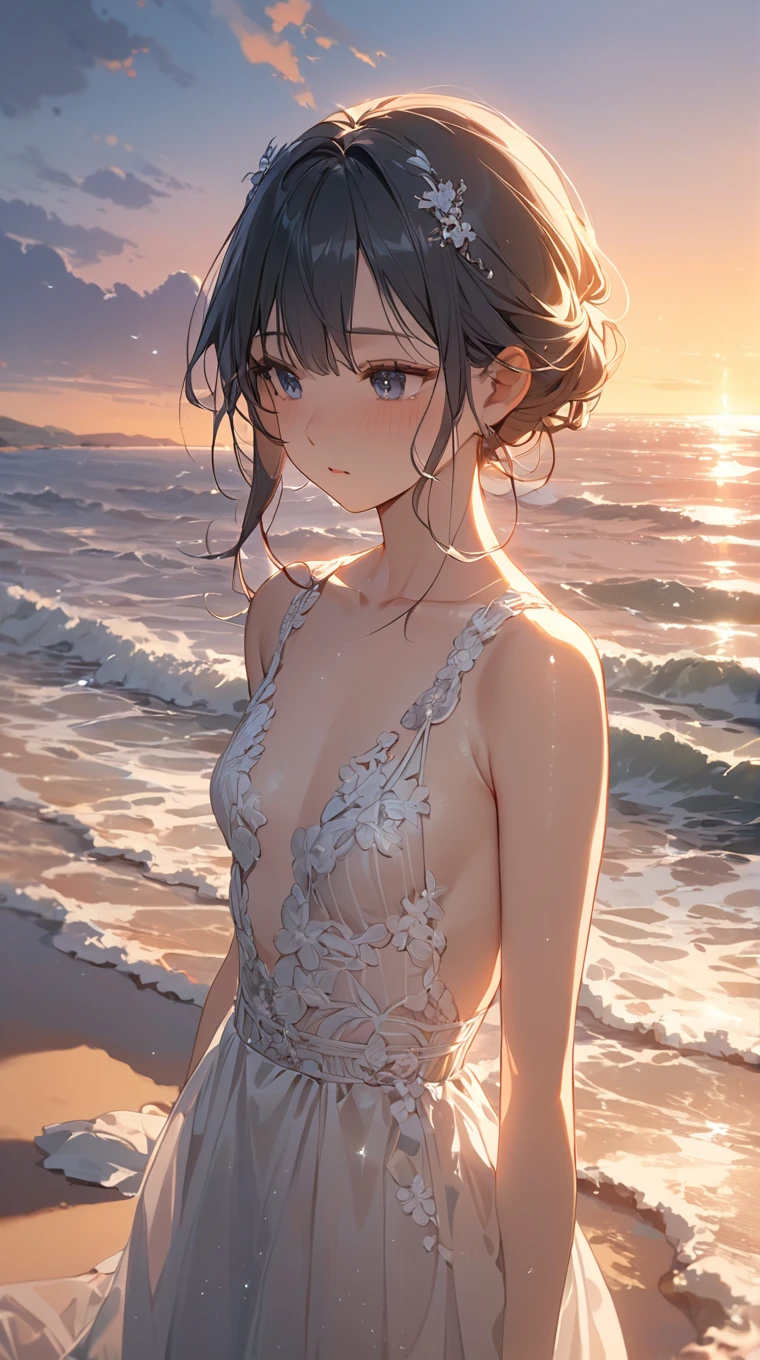 A full body shot of a sensual gorgeous pale skinned lady with beautiful flawless skin, ((no blemishes)) and long black hair. She is wearing a ultra short summer dress, floral. ((form fitting)), open gown design. She is standing wet in the rain on a beach lit by the golden light of the morning sun::5 well-lit, sharp-focus, high-quality, artistic, unique, award-winning photograph, Canon EOS 5D Mark IV DSLR, f/8. ISO 100, 1/250 second, natural light, professional