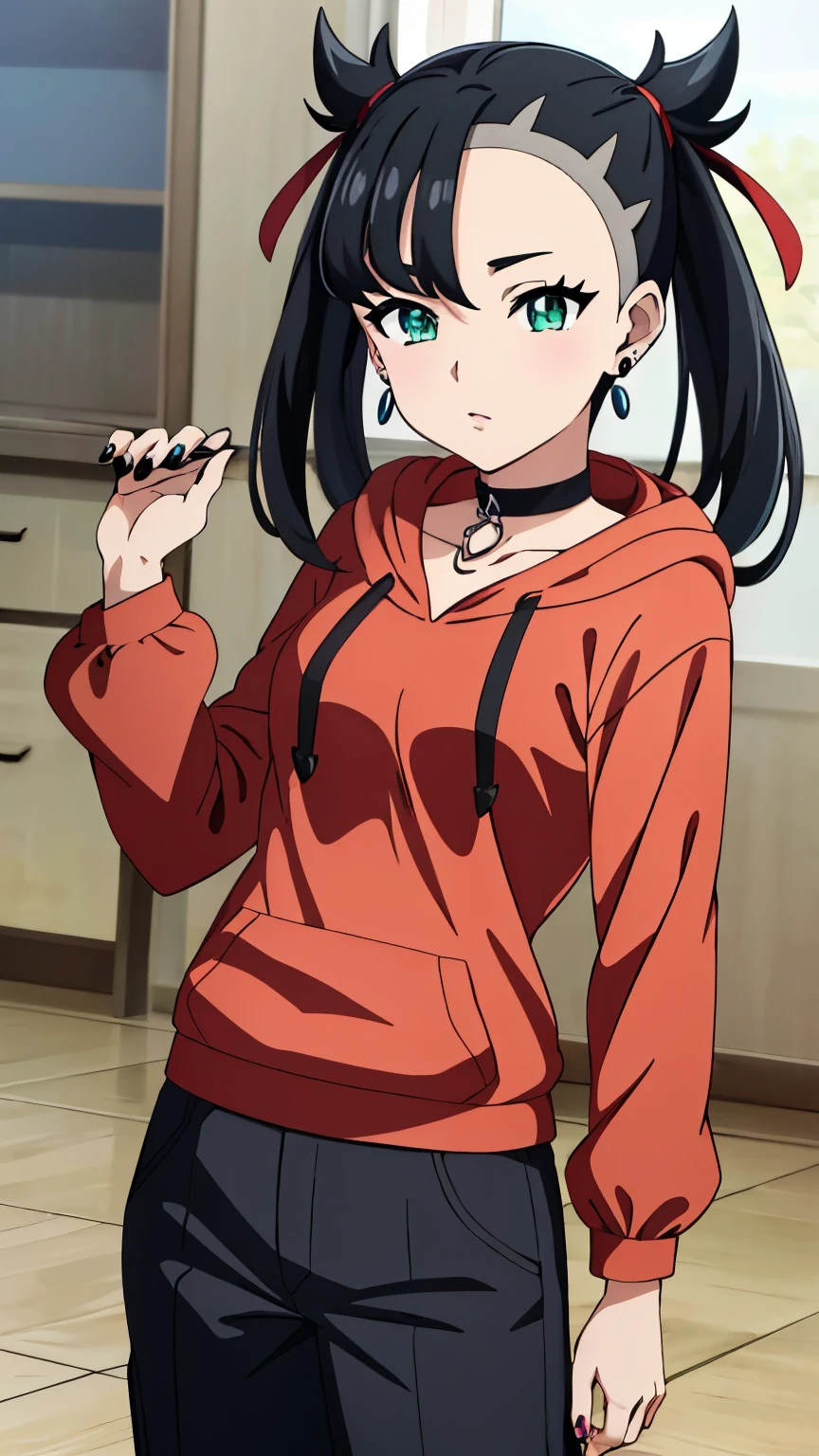 Marnie Pokemon, Marnie \(Pokemon\), blue-green eyes, green eyes, black hair, medium hair, asymmetrical bangs, black choker, red hair ribbon, earrings, black nail polish, medium breasted, (masterpiece, highest quality, highly detailed, 8k:1.2), Perfect eyes, detailed eyes, anime style, anime girl, digital anime art, anime style, official artwork, visual novel CG, beautiful anime girl, anime style 4K, (hoodie, baggy long pants, earrings), (cowboy shot:1.2),