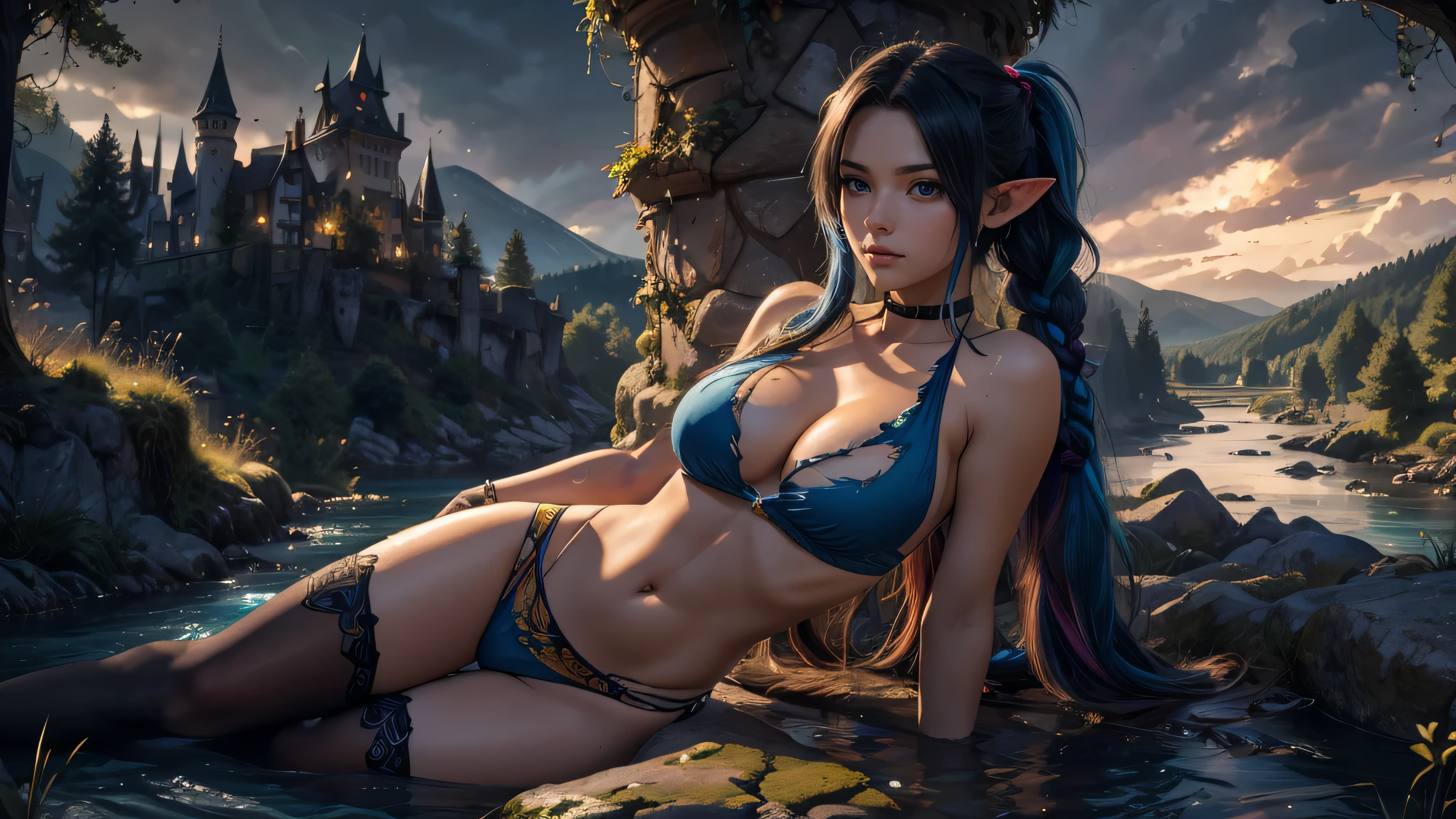 masterpiece, newest, absurdres, masterpiece, highly detailed, beautiful anime, lineart, realistic anime, semi realistic, extremely cute, ((very aesthetic, best quality, ultra detailed)), (perfect face, cute face, like face), fantasy background, extreme colors, Bavarian forest, mountainside, river, castle ruins, intricate details, colorful, ((dramatic lighting)), fantasy, young, girl, ((looking at viewer)), perfect face, ((torn clothes)), twinbraids, blonde, , elf girl, ponytail, sidelocks, pointy ears, sleeveless shirt, green thighhighs, swimsuit, cleavage, black lips, mascara, Long eyelashes, dark elf, very long hair, multicolored hair, parody, braid, outdoors, messy hair, gradient hair, sleeveless, blue hair, twintails, hair ornament, bikini top only, tribal, loincloth, torn clothes, beads, hair beads, blue eyes, long hair, blonde hair