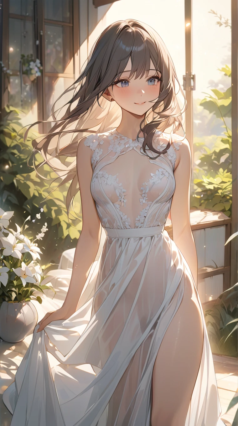 National Foundation,  (Looking at the audience, A faint smile, ), brown hair, Brown eyes,  lexistg hair, hair_flight, Fluttering hair, flight_hair, ((Transparent Glasses, Glasses, Glasses_exist_nose)), ((Transparent white dress)), (Low-cut), (not good), (No), Sexy, charming, amazing,  improve, Beautifully, (pale skin, real_skin), Sunlight, spring, Flower Field, (flowers in the hair), outdoor, best quality, high quality, high resolution, 8K, photo realistic.
 (Large Breasts),（because I&#39;Thin）