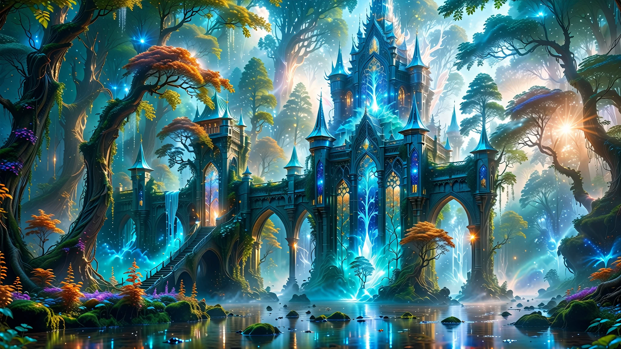 A Masterpiece In 32K Resolution, Supreme Quality, Super Detail, Official Art, Very High-Resolution 32K Wallpaper, Beautiful And Aesthetic, Ultra-Detailed Features, Awe-Inspiring Detail. Massive Trees Tower Over A Misty Enchanted Forest, Their Roots Tangled With Glowing Blue Fungi. Crystal Clear Rivers Flow Through Lush, Emerald Green Fields. A Glittering Elven Palace Stands Amidst The Canopy, Its Towers Reflecting The Sunlight, Creating A Magical Aura. A Majestic Mystical White Unicorn With Large, Ethereal Wings And A Shimmering Coat Gallops Gracefully Through A Dense, Ancient Forest. Its Flowing Mane Glows Softly, Radiating Beams Of Ethereal Light, Casting A Magical Glow On The Surroundings.