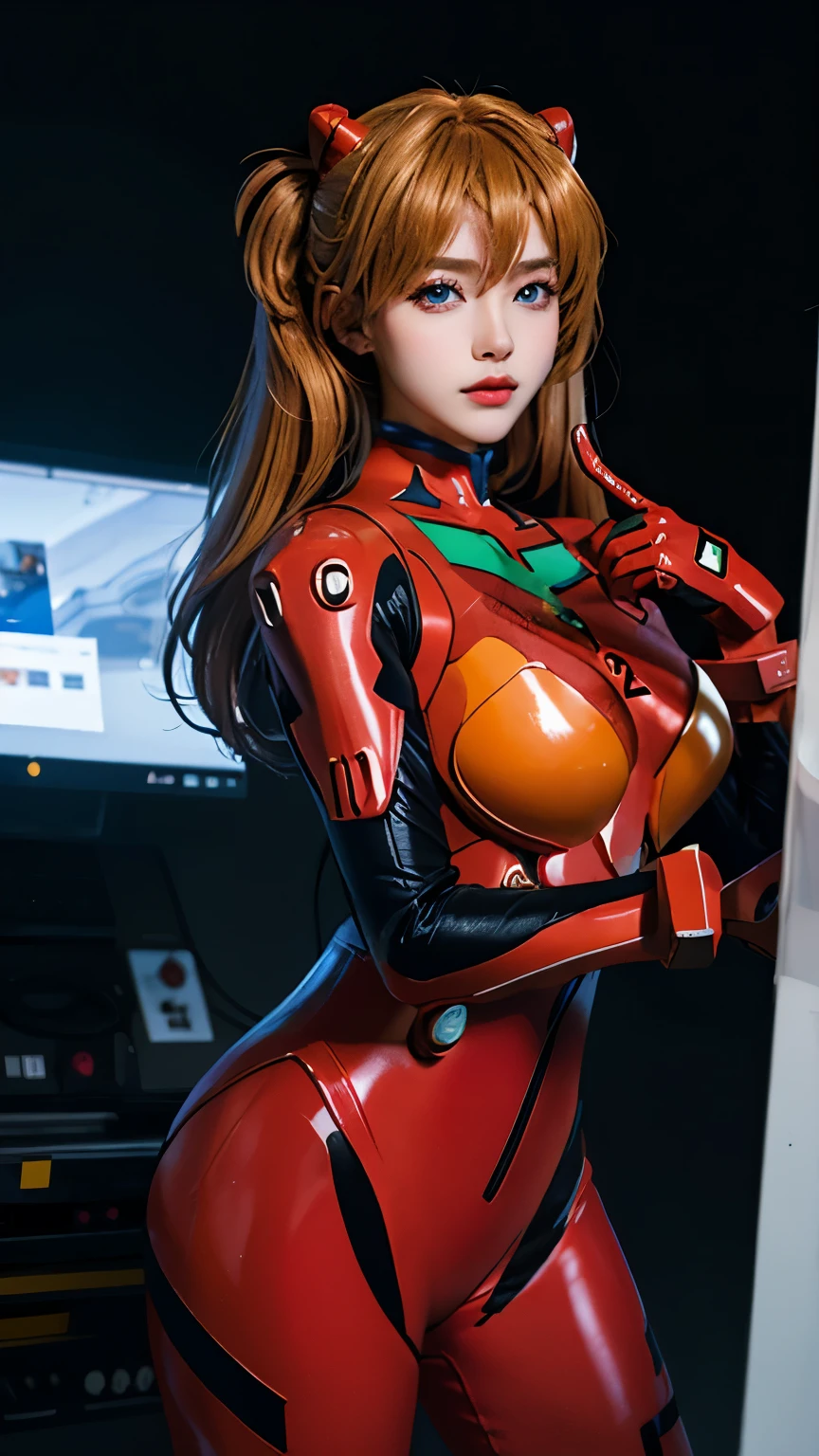 Asuka Langley Shikinami crouching, wearing transparent plugsuit, seen from behind, perfect butt, in a room with computers, transparent pantyhose, transparent clothes, lights on the walls