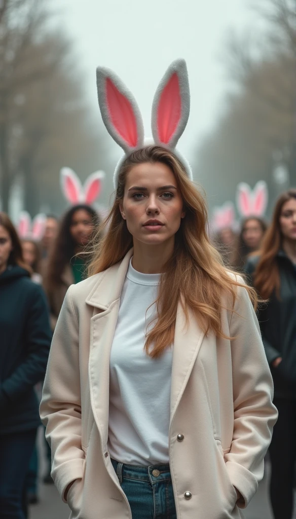 evelynnobodysd15 wearing a white bunny onesie standing in a very crowded subway train, on3sie <lora:onesie_v3-000009:0.6>, dynamic angle , (many people in background, people in foreground),  depth of field, perspective, looking at viewer, skin texture, realistic,