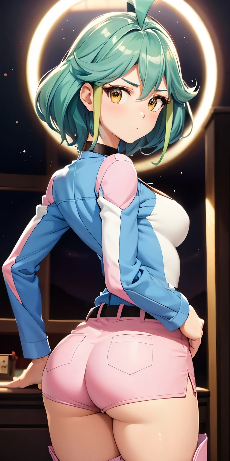 1 Female,High definition,high resolution,Ultra-realistic,8K, rin_arc_v,blue jacket,long sleeves,black choker,(pink shorts),(white boots), multicolored hair,yellow eyes,European,sexy,Upper body close-up,Photographed from the front,Dynamic Angles,private teacher,blush, (small tits), pretty  ,(pov , closed shot:1.3),from behind,huge ass,((show ass))