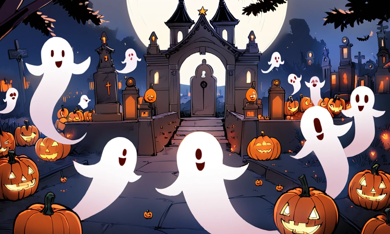 breathtaking vector cartoon illustration of  spooky ghosts, wandering on the ground, in front of a beautiful merry-go-round with majestic lights in a middle of abandoned post-apocalyptic theme park, ruined toys|train|fairy wheels|roller coaster, in the background, eerie nighttime, wide angle <lora:Vector cartoon illustration-000008:1>