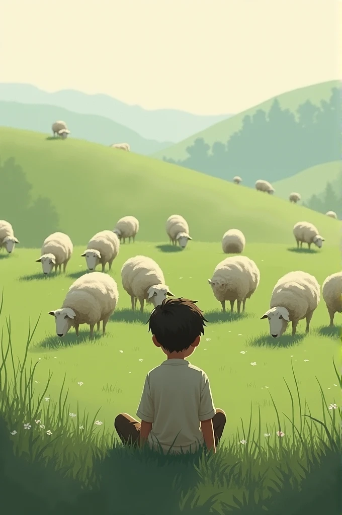 Picture 1: A boy is sitting on a hill, watching a flock of sheep ...