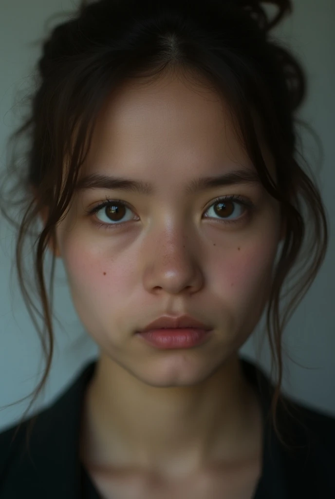 (realistic, photo-realistic:1.37),(8k, RAW photo, best quality, masterpiece:1.2), cute, ultra-detailed,heart-shaped pupils,physically-based rendering, ultra high res, kodakvision color, shot on Arricam LT Camera, bokeh, sharp focus,
looking at viewer,photorealistic,realistic, solo, photorealistic, best quality,extremely detailed face,extremely detailed eyes and face, beautiful detailed eyes,absurdres, incredibly absurdres,Messy hair, floating hair, dark background, ((dark studio, rim lighting, two tone lighting, dimly lit, low key)),