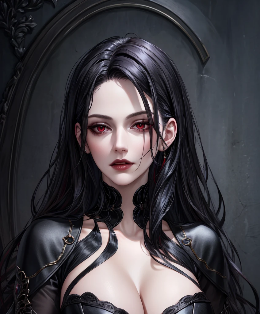 Realistic Portrait, Elegant mature woman (1 female), with red eyes, black hair, long hair, focus on face, close up shot, cleavage, gothic black dress, only upper body, up to waist, soft light, high detail, 4k resolution, high quality, beautiful CG