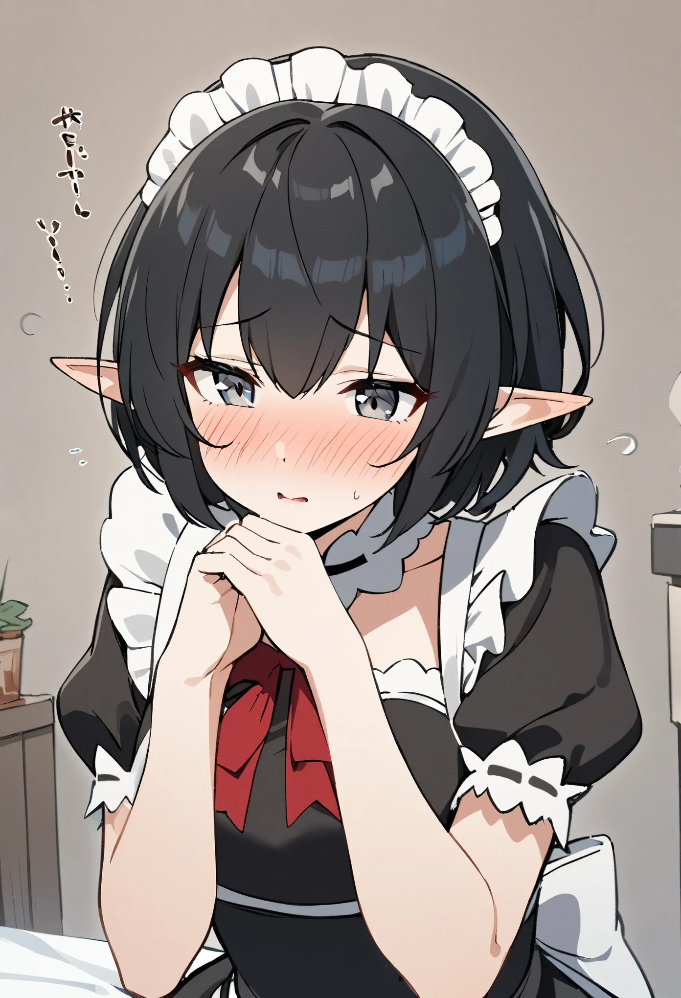 1girl, elf, maid. maid uniform, bashful expression, blushing red, short hair, gray eye color, (Black hair color)