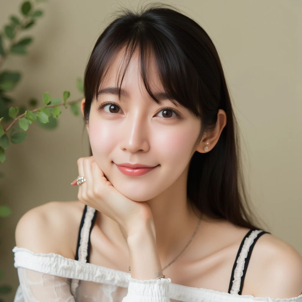 A photo of a young slender Korean woman with flawless, glowing skin and a soft smile, giving off a warm and friendly vibe. Her long, straight dark brown hair is neatly styled, framing her face and cascading down her shoulders. She is dressed in a casual yet stylish white top with black accents, which subtly highlights her delicate collarbones. Her pose is relaxed as she rests her cheek on her hand, looking directly at the camera with gentle, almond-shaped eyes. She is wearing small, elegant earrings that add a touch of refinement to her appearance. The background is softly lit, with muted tones of beige and light green, creating a calm and cozy atmosphere