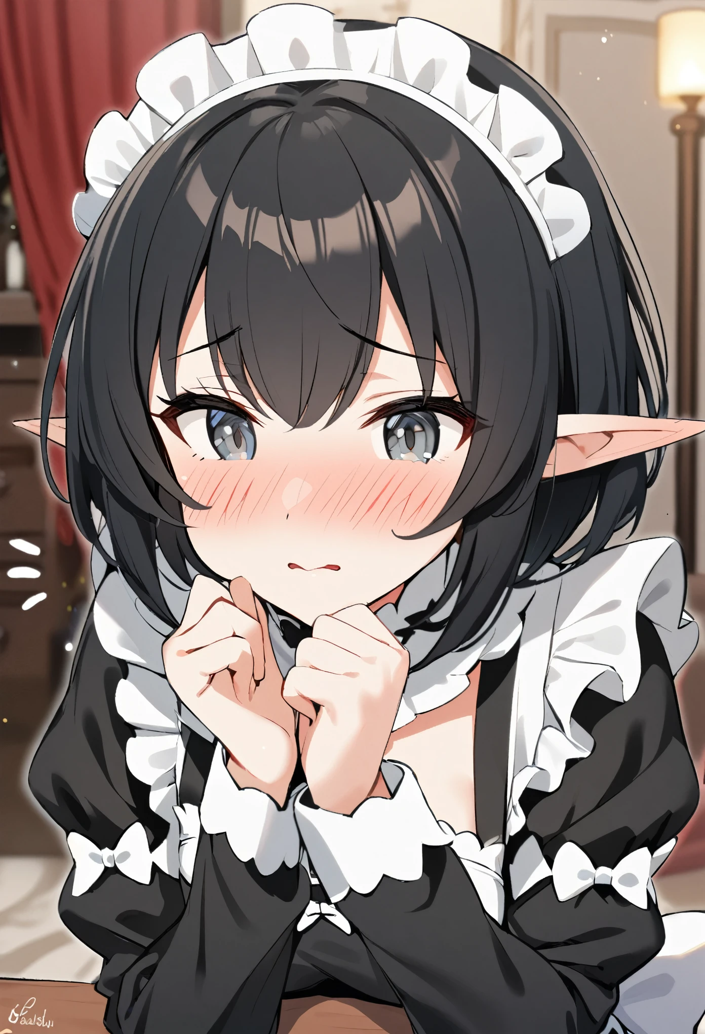 1girl, elf, maid. maid uniform, bashful expression, blushing red, short hair, gray eye color, (Black hair color)