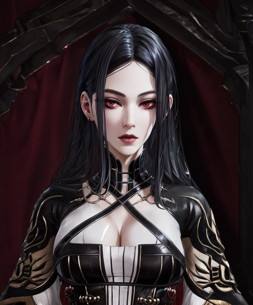 Realistic Portrait, Elegant mature woman (1 female), with red eyes, black hair, long hair, focus on face, close up shot, cleavage, gothic black dress, only upper body, up to waist, soft light, high detail, 4k resolution, high quality, beautiful CG