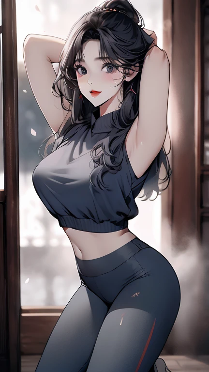 1girl, large breasts, clothes in mouth, neckline, navel, t-shirt, ((bra)), clothes lift