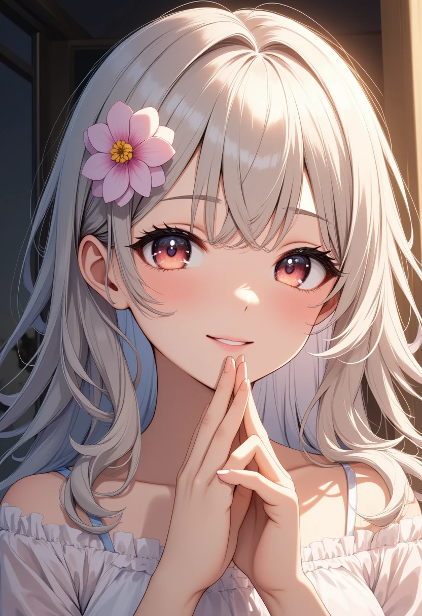 ((one personの女性)), Beautiful Face,Laughing embarrassedly,Laughing with your mouth open,((Wink:2.0)),(Bright red cheeks),Glossy pink lips,night,rooftop,firework,((Anime style background)),masterpiece, highest quality, so beautiful, Latest, Complex details, (Pink long nails),(ring),AI-generated, Complex,High resolution, highest quality, super high quality,3D Images、View your viewers、3D Images,one person,Long white hair,High Ponytail,blue eyes,Anime woman posing for a photo, ((Fine grain、Colorful eyes、Shining Eyes:1.3)),(Squint your eyes:1.1),a hyperRealistic , hyperRealistic , Realistic,Anime woman with long and white hair, Smooth anime CG art, A woman in a colorful kimono with gold embroidery, (White kimono),Red floral pattern,Long flower hair ornament,Big earrings,Mature Body,(Big Breasts:1.1),Tall,Big Ass,Fine details,Narrow waist,Abdominal muscles,(Face close-up:1.3),(A woman clasping their hands in front of their mouth with a delighted expression)