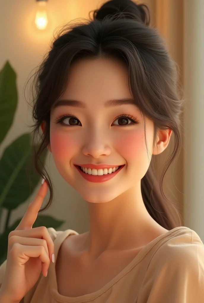 Cute woman smiling peace sign long black hair Korean style