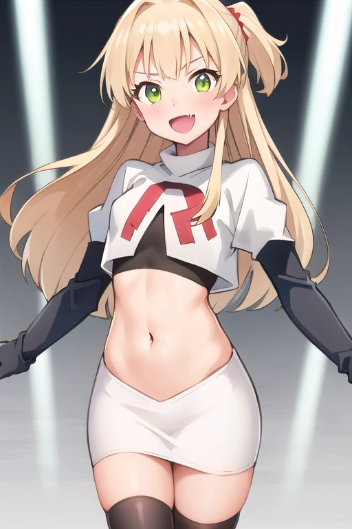 RikaJou, 1girl, solo, long hair, blonde hair, green eyes, small breasts, fang, smile, 8k, masterpiece, best quality, absurdres, perfect anatomy, cinematic lighting, cowboy shot,team rocket,team rocket uniform,white skirt,red letter R,crop top,black thigh-highs,black elbow gloves