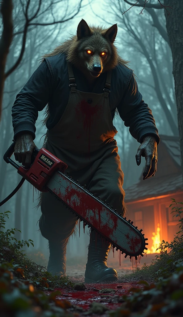 A very tall man with a potato sack on his head with two holes for eyes, the sack is stained with blood. He's wearing a farmer's outfit. He's very muscular and also wearing blue suspenders with two buttons, he's covered in blood. He's holding a giant, blood-stained chainsaw in his hands. He's in a farm at night. The image should be in anime style.