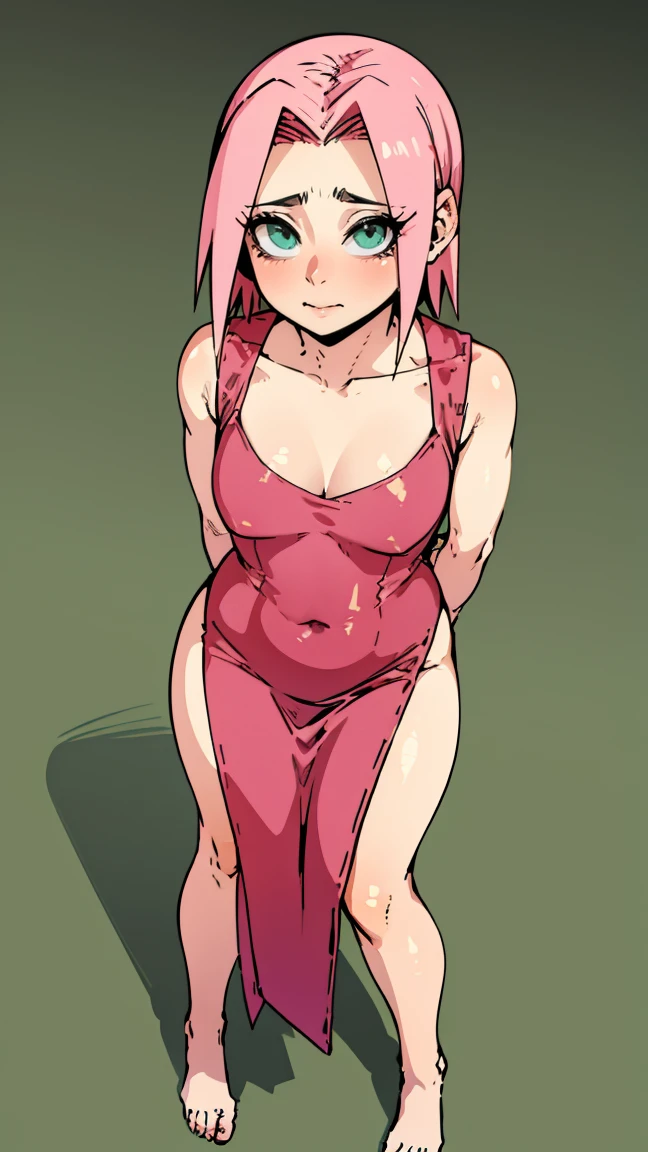 Sakura Haruno, [ white-skinned woman:1.2,  snub-nosed, bright green eyes], portrait, VSCO filter: C8), milf, old woman, pink hair, red dress, flushed)) ,  (( flushed, oiled skin, red dress)), pink hair, (( wide hips, thick thighs, big butt, hands on hips)), curvy body, tall girl,  (( small breast)), flat chestt, long legs, open legs, ((from above)), Zyugoya .