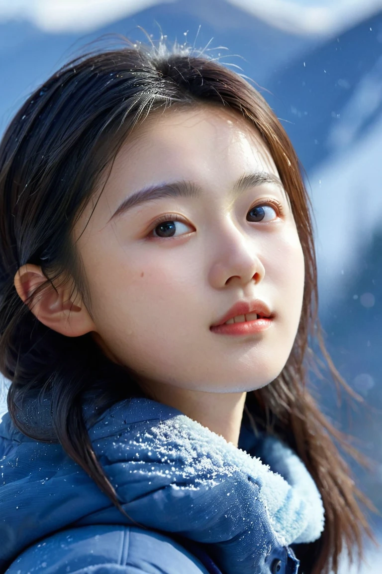 (masterpiece,best quality,ultra high res:1.1),(photo-realistic:1.1),looking at viewer,side_light,bokeh,beautiful face,exquisite face,skin texture,1girl,18yo,slender face,
(sweat and pure:1.2),enjoy this wet orgasm,
xiaomai,(character portrait:1.3),the background is the himalayan snowy mountains in winter,