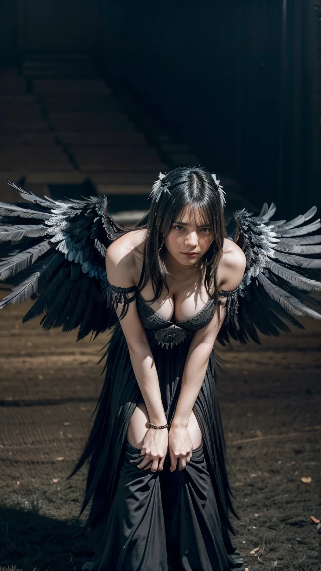 (gigantic tits:1.4), (feathered black wings:1.3), (black angel wings:1.4), 1 angel, champagne garnet eyes, halo, long hair, smile, (parted lips:0.9), cute, gorgeous,bare shoulders,
brooch, feathers embroidery, (sideless:0.9), (thighlet), (armlet),(Beautiful long legs),all over Field of Darkness, fluff,(pure black world:1.3),
sharp focus, looking at Viewer, (pure black tone:1.1),(Cinematic Lighting:1.3) ,(intricate:1.1),(Powerful black wings:1.3),(Leaning forward:1.5)