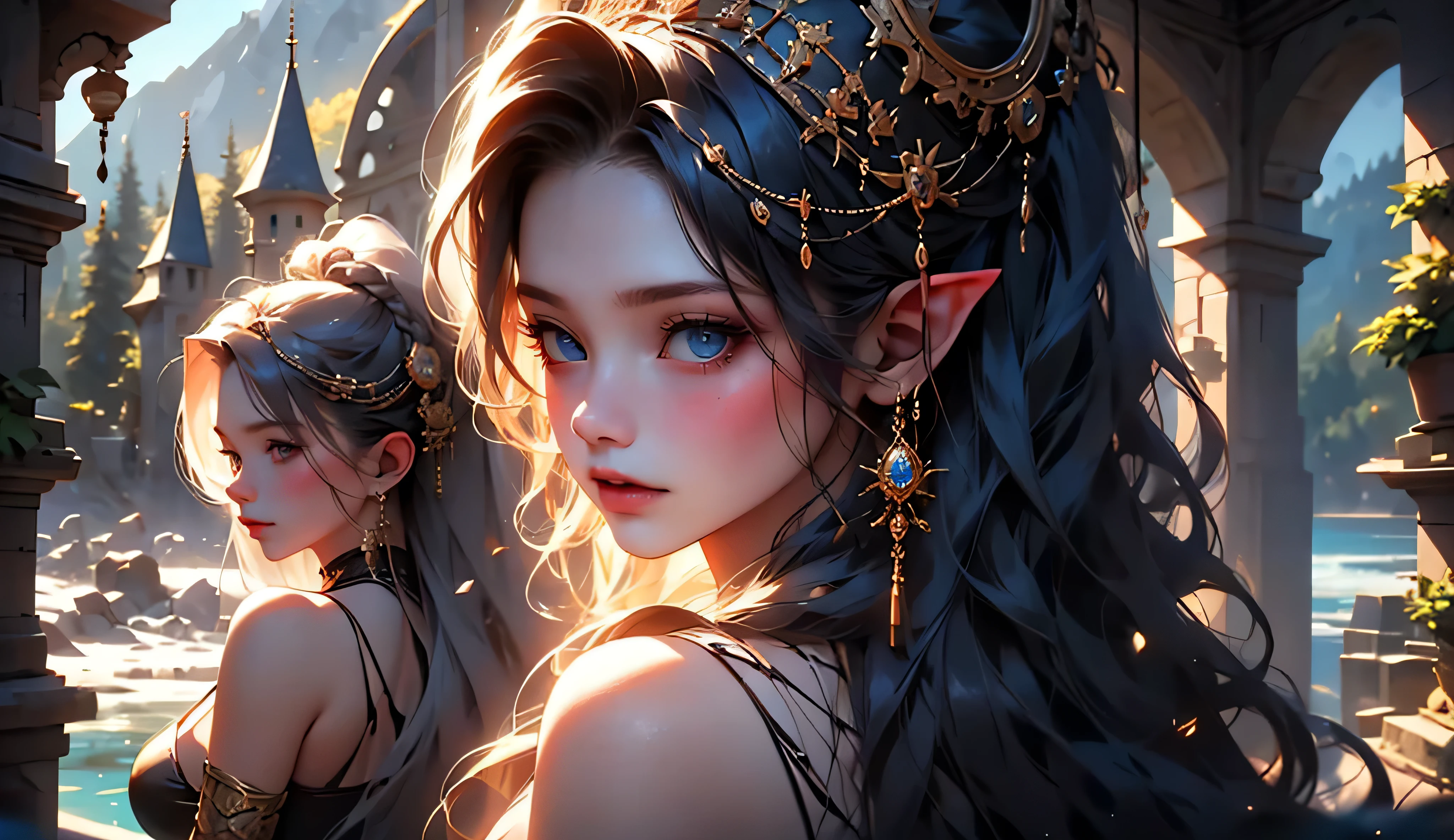 masterpiece, newest, absurdres, masterpiece, highly detailed, beautiful anime, lineart, realistic anime, semi realistic, extremely cute, ((very aesthetic, best quality, ultra detailed)), (perfect face, cute face, like face), fantasy background, extreme colors, Bavarian forest, mountainside, river, castle ruins, intricate details, colorful, ((dramatic lighting)), fantasy, young, girl, ((looking at viewer)), perfect face, ((torn clothes)), twinbraids, blonde, , elf girl, ponytail, sidelocks, pointy ears, sleeveless shirt, green thighhighs, black lips, mascara, Long eyelashes, dark elf, very long hair, multicolored hair, parody, braid, outdoors, messy hair, gradient hair, sleeveless, blue hair, twintails, hair ornament, looking back, bikini top only, tribal, loincloth, torn clothes, beads, hair beads, blue eyes, long hair, blonde hair