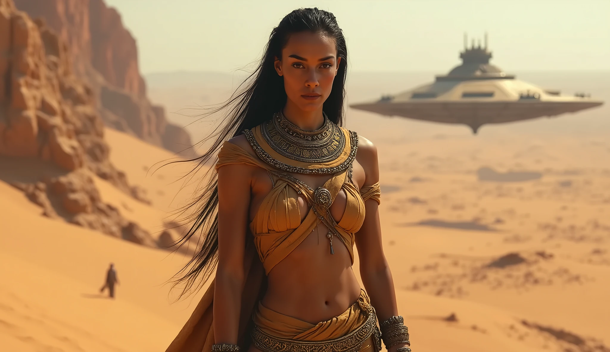 (analog style:1.2), masterpiece, best quality, 8k, sharp focus, ultrarealistic, portrait of (beautiful woman with dejah thoris gold armor and transparent white silk:1.2), sexy, intricate, medium breasts covered, big ass, (toned abs), long hair, [wind blow], beautiful face, (perfect face:1.2), (perfect eyes:1.3), (sensual lips:1.2), in sci-fi desert of mars ruins, the dusty winds, sandstorm, dust sweeping foreground, film grain, cinematic light, action pose, half body, (face focus:1.2)