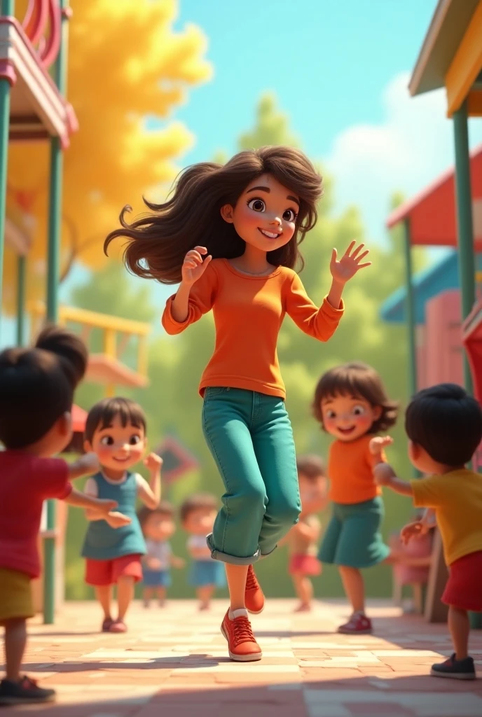 An animated singer enters the colorful playground , where several ren ...