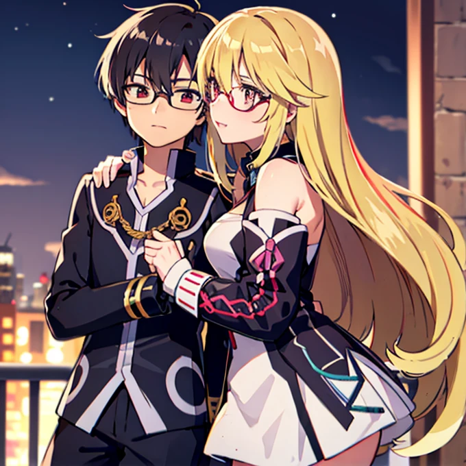 1 boy with black hair, Red jacket and glasses romantically kissing a girl with blonde hair and red eyes. With a white miniskirt, city at night in the background., True love, blushing cheeks, high quality, Milla Maxwell from Tales of Xillia 