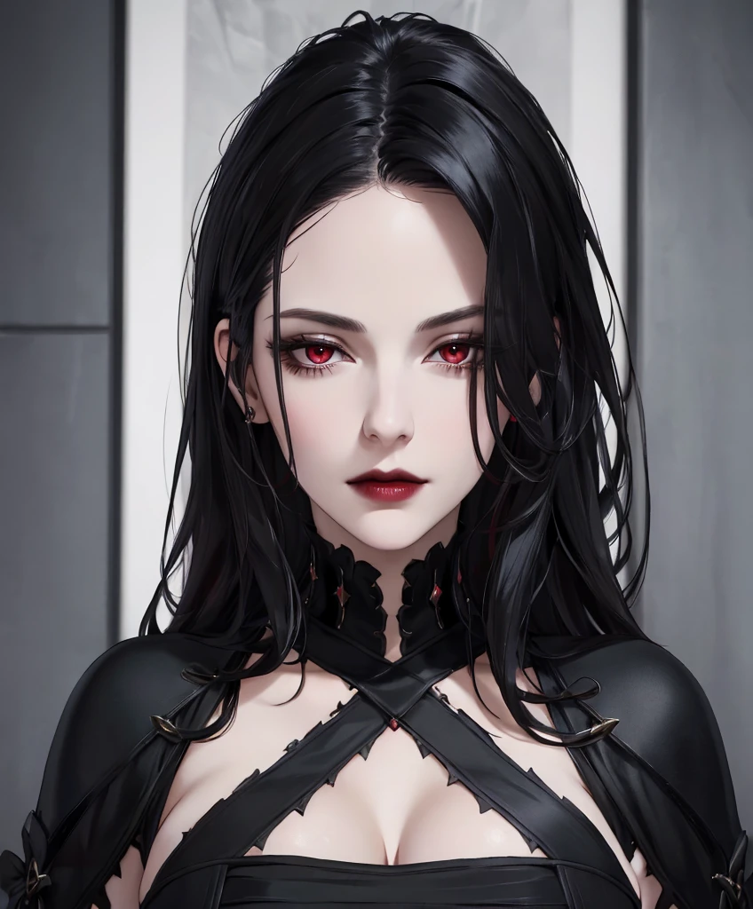 Realistic Portrait, Elegant mature woman (1 female), with red eyes, black hair, long hair, focus on face, close up shot, cleavage, gothic black dress, only upper body, up to waist, soft light, high detail, 4k resolution, high quality, beautiful CG