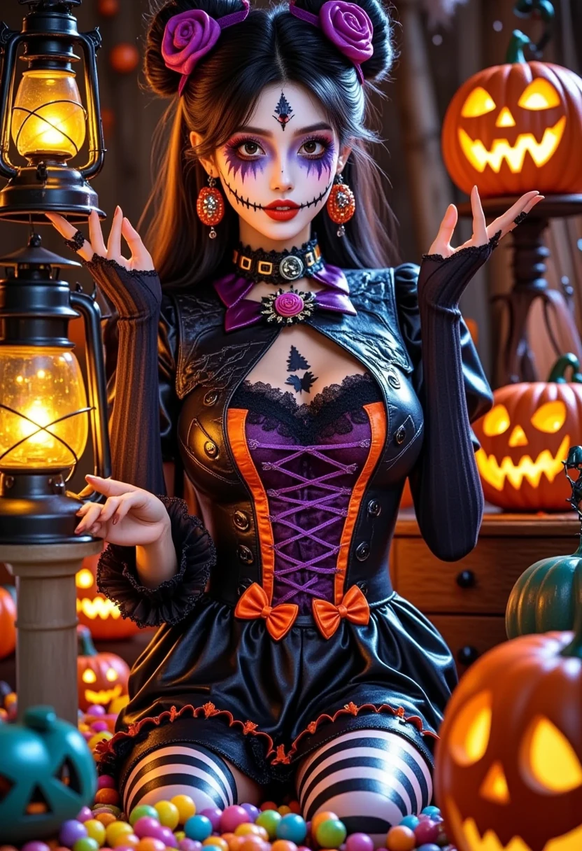 (Vision:1.0)，(Wide Angle:1.0)，(whole body:1.8)，  Halloween themed haunted house ，1girl,  A female model wears scary Halloween makeup，Wear a Halloween character costume，decorate，Atmosphere，(Halloween lanterns :1.3)，(colorful candy:1.5)，Halloween ，detail，vivid，Research 3D game art，photography，Movie Stills，Realism，Film Grain，UHD，masterpiece，accurate， anatomically correct，Skin texture ，超高detail，Award-winning works， best quality，8k，Bright colors，Bright，RGB， Colorful， is popular on social platforms，((Dopamineism))，(((Dopamine color matching)))，Facing the screen，High Saturation， high contrast , 1wsjnh1