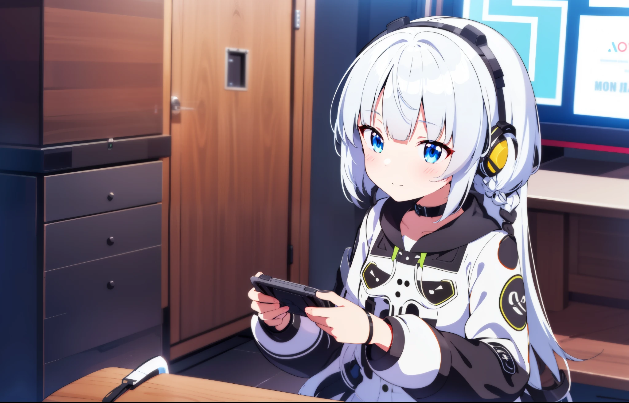 solo girl  rgb ray tracing gaming room les neon gaming pc gaming ray tracing vtuber nekomimi white hair blue eyes school uniform navy 1 girl, High resolution, long hair, blush, smile, perfect body anatomy perfect perfect hands gran calidad de detalle 