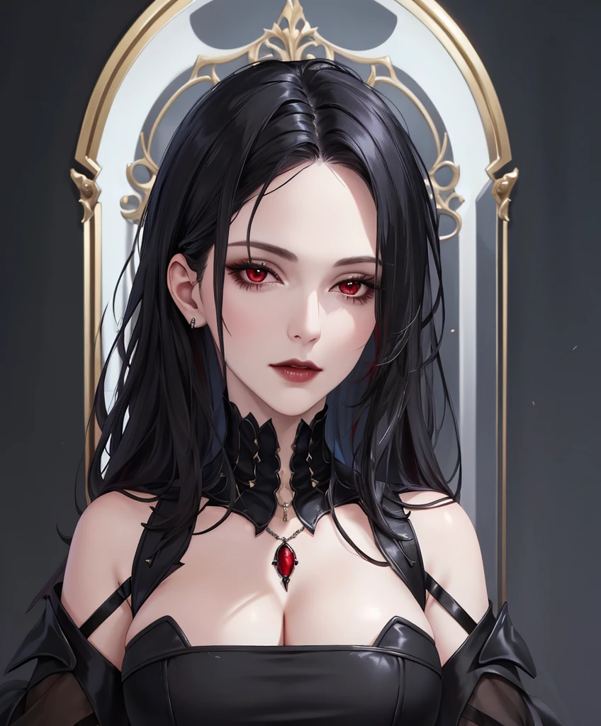 Realistic Portrait, Elegant mature woman (1 female), with red eyes, black hair, long hair, focus on face, close up shot, cleavage, gothic black dress, only upper body, up to waist, soft light, high detail, 4k resolution, high quality, beautiful CG