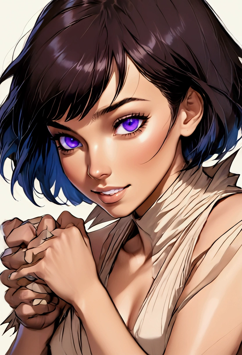 Create a drawing of a woman with short hair and bangs, tanned fur, violet eyes, with defiant look. BREAK With a white man with claws, black hair blue eyes, crooked smile with hand on woman&#39;s BARE BREAST. Break With another winged man, with tanned skin brown eyes, brown hair, with his hand in the woman&#39;s pussy fingering her, his tongue is on her face