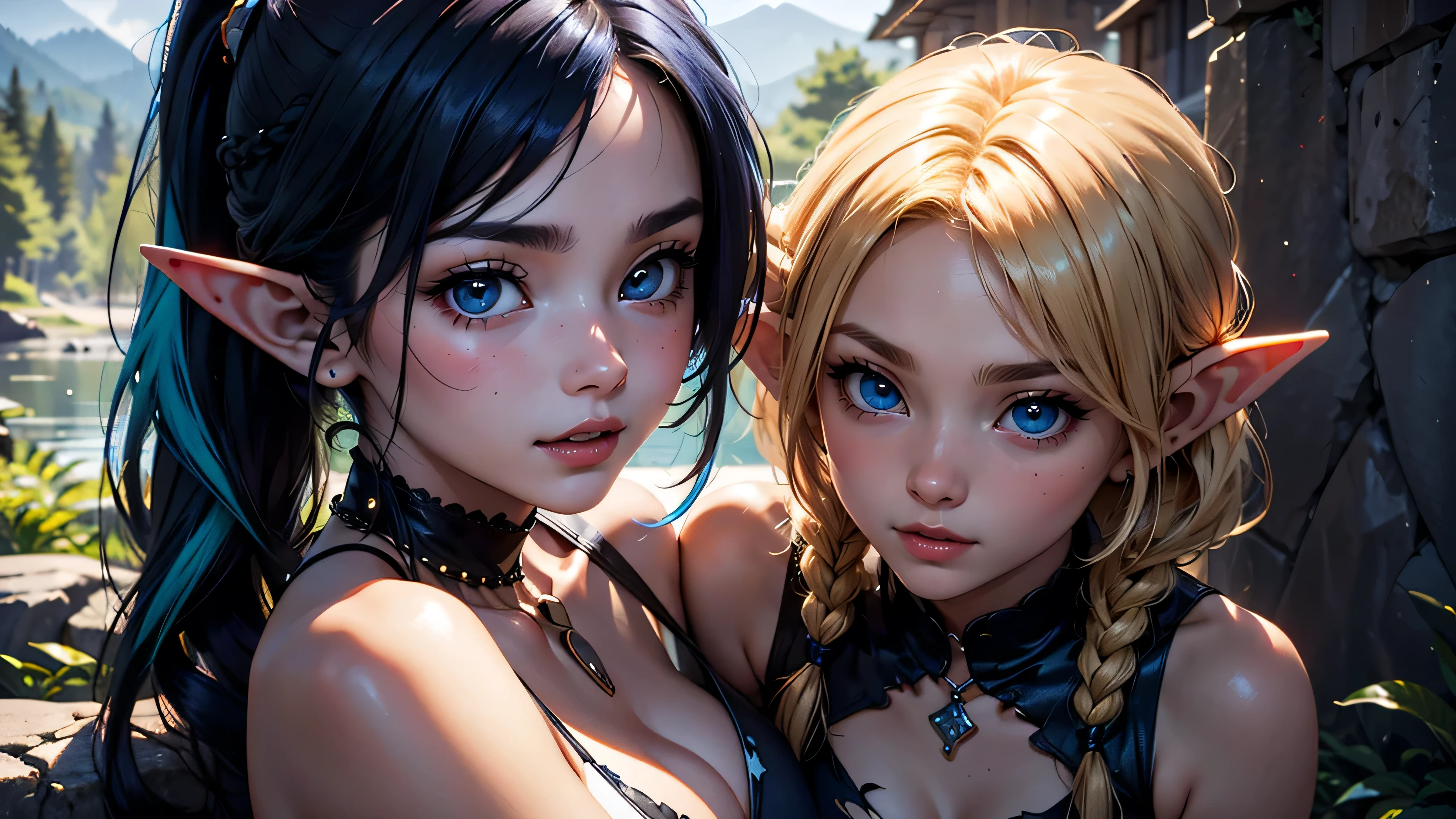 masterpiece, newest, absurdres, masterpiece, highly detailed, beautiful anime, lineart, realistic anime, semi realistic, extremely cute, ((very aesthetic, best quality, ultra detailed)), (perfect face, cute face, like face), fantasy background, extreme colors, Bavarian forest, mountainside, river, castle ruins, intricate details, colorful, ((dramatic lighting)), fantasy, young, girl, ((looking at viewer)), perfect face, ((torn clothes)), twinbraids, blonde, , elf girl, ponytail, sidelocks, pointy ears, sleeveless shirt, green thighhighs, swimsuit, cleavage, black lips, mascara, Long eyelashes, dark elf, very long hair, multicolored hair, parody, braid, outdoors, messy hair, gradient hair, sleeveless, blue hair, twintails, hair ornament, bikini top only, tribal, loincloth, torn clothes, beads, hair beads, blue eyes, long hair, blonde hair