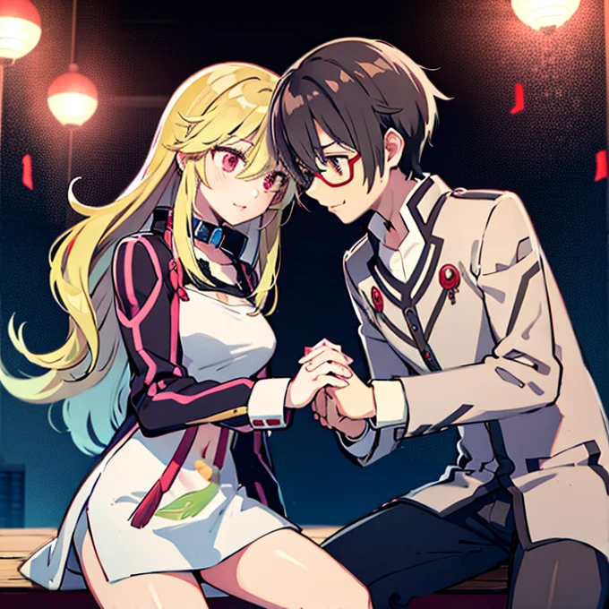 1 boy with black hair, Red jacket and glasses romantically kissing a girl with blonde hair and red eyes. With a white miniskirt, city at night in the background., True love, blushing cheeks, high quality, Milla Maxwell from Tales of Xillia 