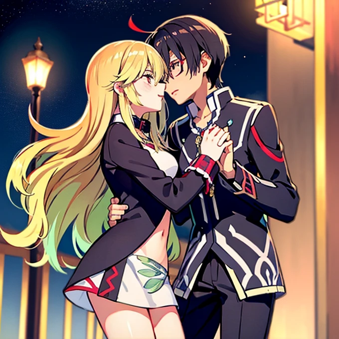 1 boy with black hair, Red jacket and glasses romantically kissing a girl with blonde hair and red eyes. With a white miniskirt, city at night in the background., True love, blushing cheeks, high quality, Milla Maxwell from Tales of Xillia 