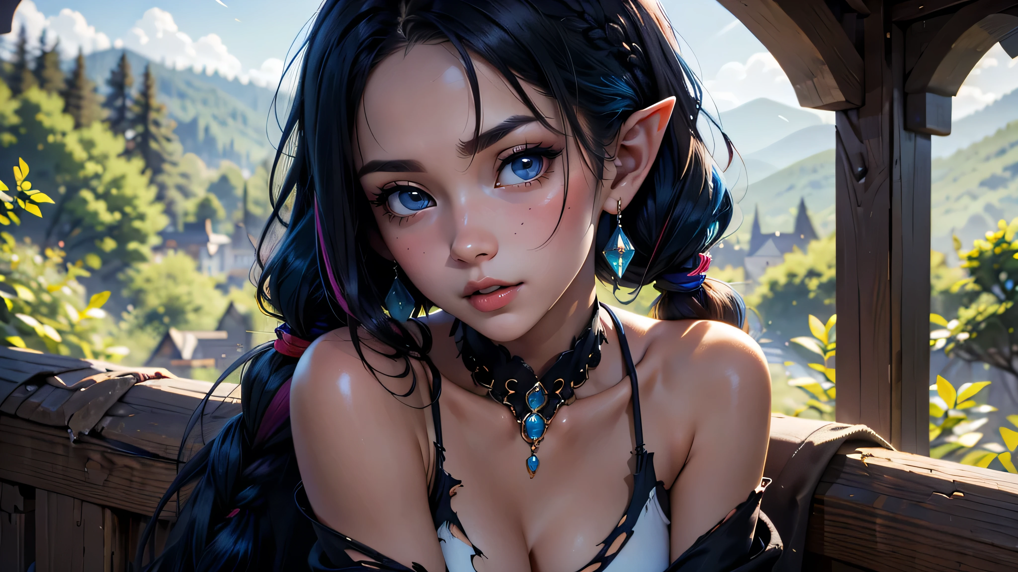 masterpiece, newest, absurdres, masterpiece, highly detailed, beautiful anime, lineart, realistic anime, semi realistic, extremely cute, ((very aesthetic, best quality, ultra detailed)), (perfect face, cute face, like face), fantasy background, extreme colors, Bavarian forest, mountainside, river, castle ruins, intricate details, colorful, ((dramatic lighting)), fantasy, young, girl, ((looking at viewer)), perfect face, ((torn clothes)), twinbraids, blonde, , elf girl, ponytail, sidelocks, pointy ears, sleeveless shirt, green thighhighs, swimsuit, cleavage, black lips, mascara, Long eyelashes, dark elf, very long hair, multicolored hair, parody, braid, outdoors, messy hair, gradient hair, sleeveless, blue hair, twintails, hair ornament, bikini top only, tribal, loincloth, torn clothes, beads, hair beads, blue eyes, long hair, blonde hair
